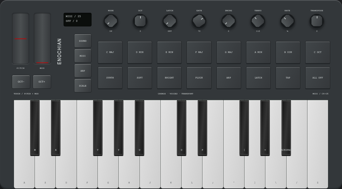 Enochian MIDI Keyboard — dark finish preview